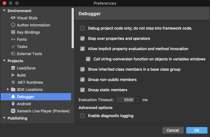 Visual Studio for Mac Enable Debug